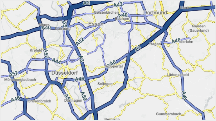 Straßenkarte mit Linienstärken nach Befahrungszahl